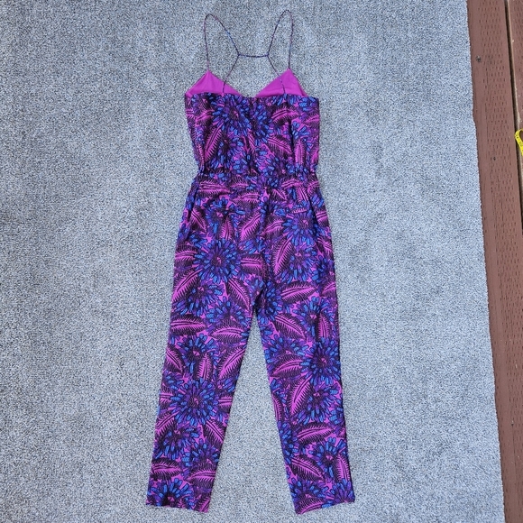 J. Crew Floral Midnight Fuchsia Purple Blue Silk Jumpsuit Strappy V-neck Size 0 - Picture 14 of 16